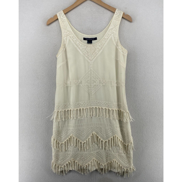 FRENCH CONNECTION Dress 4 Shift Tank Tasseled Embroidered Flapper Off White - Picture 1 of 13